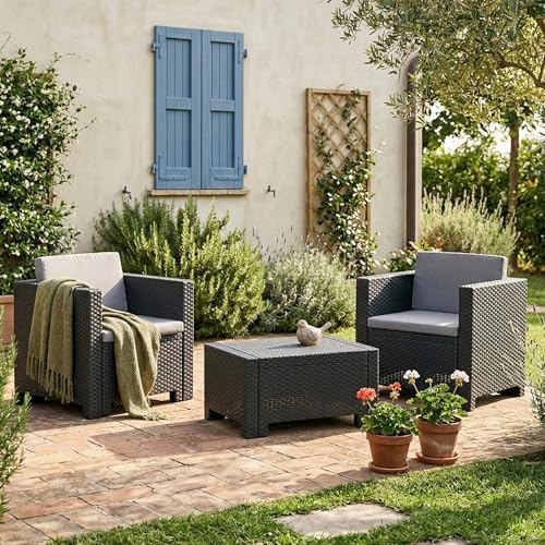 Dmora - Loungeset für draußen Ganimede, Outdoor-Lounge mit Couchtisch mit Kissen, Gartenkomposition mit Sofa und Sesseln, Made in Italy, Anthrazit