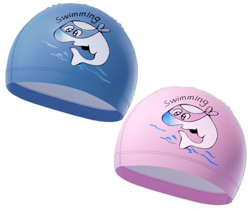 Cysocool 2 Pack Cute Dolphin Kids PU Fabric Swimming Caps 3-12 Years Girls Boys Breathable Waterproof Swim Hat Child Anti Slip Stretchy Cosy Swim Turban Cap Hair Wrap Cover Pool Cap