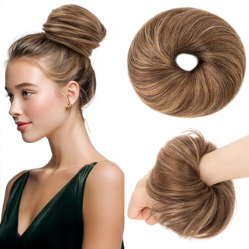 Benehair Echthaar Scrunchies Hochsteckfrisur, Echthaar Haargummi Hochsteckfrisuren, 25g Echte Haare Gerade Dutt, Haarverlängerung Haardutt Rose Dutt für Frauen, Schokoladenbraun mix Hellbraun #4P27
