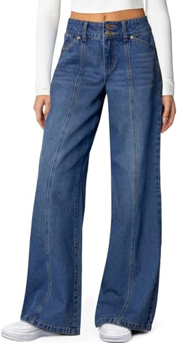 Sidefeel Womens Wide Leg Jeans High Waisted Straight Leg Stretchy Jeans Trendy Seamed Front Loose Denim Pants Blue Size 8