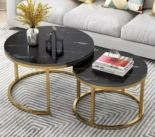 OHMG Set von 2 runden stapelbaren Tischen, Beistelltische, 70/50 cm, runder Beistelltisch, modernes Design, Wohnzimmertisch aus Marmor, mit Stahlfuß (Schwarz+Gold-70 * 70 * 45 cm)