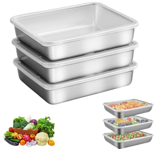 Boîtes de Conservation Alimentaire en Acier Inoxydable: 3 Pièces 25×20×5cm Boites Alimentaires en Inox, Boîte à Bento en Acier Inoxydable, avec Couvercles Hermétiques pour Cuisine, Congélateur