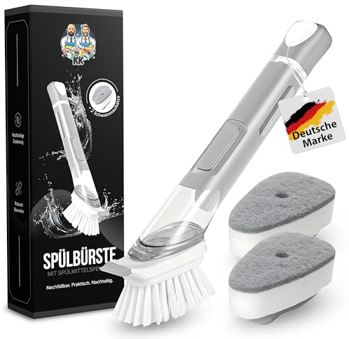 Spülbürste mit Spülmittelspender, grau, Küchenbürste, Geschirrbürste, Abwaschbürste, mit Spülmittel befüllbar, Spülbürste schwarz, Set, Schwamm, Topf, Pfanne (Grau)