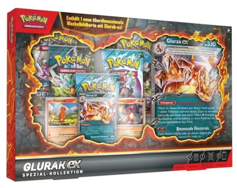 Pokémon Glurak‑ex Spezial‑Kollektion – Deutsch | 1 Promo‑Glurak‑ex + 2 Glumanda/Glutexo Holos + 5 Booster + XXL‑Wackelkarte + Heartforcards® Versandschutz