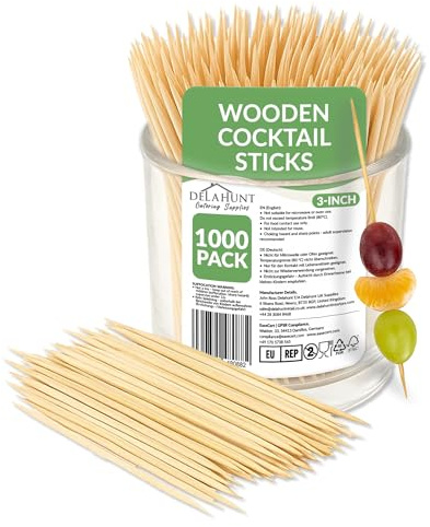 3-Inch (8cm) Wooden Cocktail Sticks, Toothpicks [1000 Pack] - Double-Pointed FSC-Certified Birchwood Tooth Picks | Compostable, Splinter-Free Mini Skewers for Cocktails, Garnishes, Party Food & Drinks