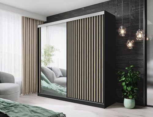 FHI_kingston Modern Mirrored Sliding Wardrobe with Shelves, Hanging Rails Bedroom Furniture available in White, Black Grey, Oak | Sizes: 150, 180, 203, 250cm (Black, 203)
