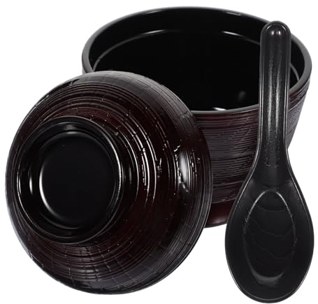 ROMISBABA Tazón Para Sopa Japonés Reutilizable Con Tapa y Cuchara Negra, Cuenco Multifuncional De Plástico Para Arroz y Alimentos, Diseño Práctico Para Reuniones y Comidas, Juego De 2 Piezas
