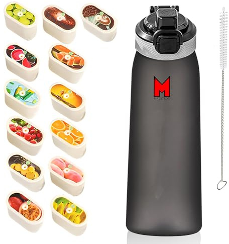 Maestrox Flavoured Water Bottle 700ML with 13 Flavour Pods, Straw, Cleaning Brush Reusable Fruit Flavour Bottle BPA Free & Leak Proof Design Portable Tritan for Gym, Travel, Office, School, Home