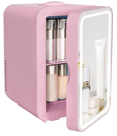 eklipt 8 Liter Mini Fridge with Dimmable LED Mirror, AC/DC Skincare Fridge | 8-Can Portable Beauty Fridge for Makeup, Skincare & Food, Small Personal Cooler, Desk Refrigerator for Bedroom, Office, Pink