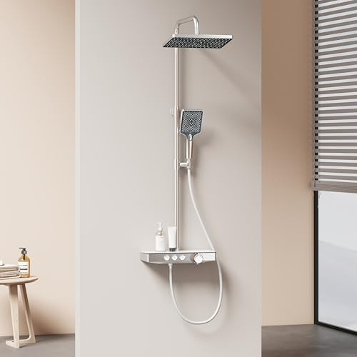 EMKE Duschsystem mit Thermostat, Chrom Duschsystem mit Thermostatische Platte, Duschset Handbrause 3 Strahlarten, Regendusche mit Armatur, Duschgarnitur Kopfbrause, Duscharmatur Komplettset