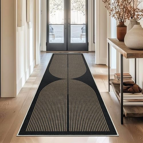 Capslpad Teppich Läufer Flur 80x200cm Jute Aussehen KüchenTeppich Natürlich Waschbar Teppich Schwarz Braun rutschfest Küchenläufer Korridor läufer Flur Küche,Schlafzimmer, Balkon