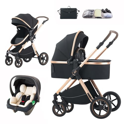 Mobayta Kinderwagen 3 in 1 Komplettset, 0-4 Jahre, bis 22 kg, Kombikinderwagen Reisesysteme für Neugeborene und Kleinkinder (BLACK D2, H2-D)