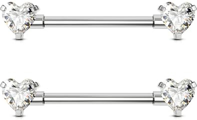 OUFER Body Piercing 2pcs Nipple Bars Internally Titanium 14G Heart CZ Nipple Rings Piercing Jewellery 14mm/16mm Straight Barbell Body Piercing for Women Men