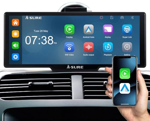 ACAVICA Wireless Carplay Android Auto Display mit 10,26 Zoll Tragbares Autoradio 4K Dashcam Vorne 1080P Rückfahrkamera Bildschirm Bluetooth WiFi Mirror Link 64GB TF Karte (Schwarz)