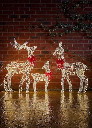 Marco Paul Pre-Lit Reindeer Family Outdoor Christmas Decorations - 3-Piece Light-Up Reindeer Set with 750 Warm White LEDs, Indoor & Outdoor Stag Ornaments, Metal Frame & Red Bows for Xmas Garden Decor