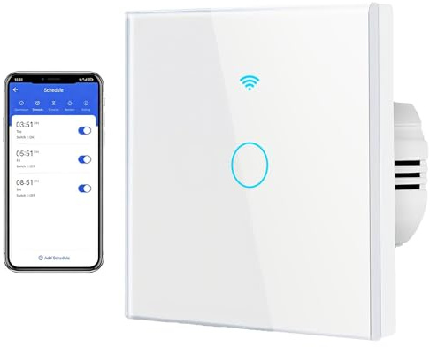 Interrupteur Connecté WIFI,Mural Interrupteur Tactile 1 Gang 1 Voie Compatible Alexa Interrupteur Tactile Normal Panneau en Verre Blanc 110V-240V Commutateur d'éclairage Mural pour Smart Life/Tuya APP