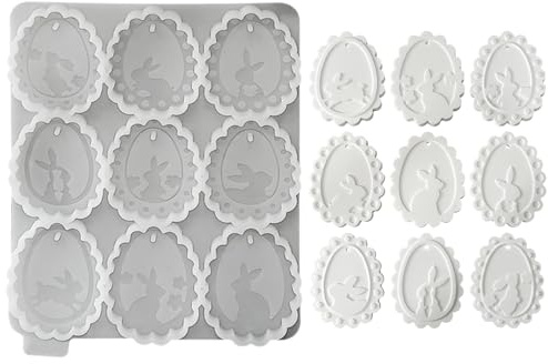 Silikonform Ostern Hase Ei Anhänger 9er Set, Silikonformen Gießformen Ostern Ei, Eiform Silikonform Osterhase mit Blumen, Gießformen Silikon Frühling, Gießform Hasen Eier, Gipsformen zum Gießen (A)