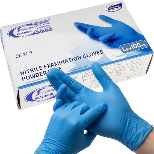 100 Guanti in Nitrile Senza Polvere, Senza Lattice, Ipoallergenici, Certificati CE Conforme alla Norma EN455 Guanti per Alimenti Guanti Medici Monouso (Taglia L)