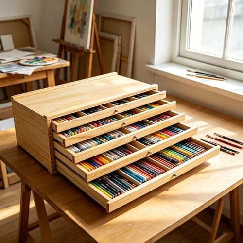 Schubladenbox Holz Aufbewahrungsbox für Künstler, Stifte-Organizer aus Buchenholz mit herausnehmbaren Fächern, tragbare Holzbox für Pinsel, Marker, Pastellkreide & Aquarellstifte (6)
