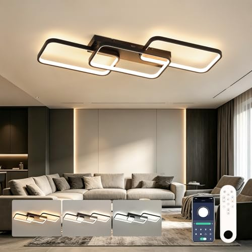 OTREN Lámpara Techo Salón Regulable 82 cm, 60W 6000lm con Mando a Distancia | Plafón LED Negro Moderno 3000K‑6500K con Función Memoria y Luz Nocturna para Dormitorio, Cocina y Comedor