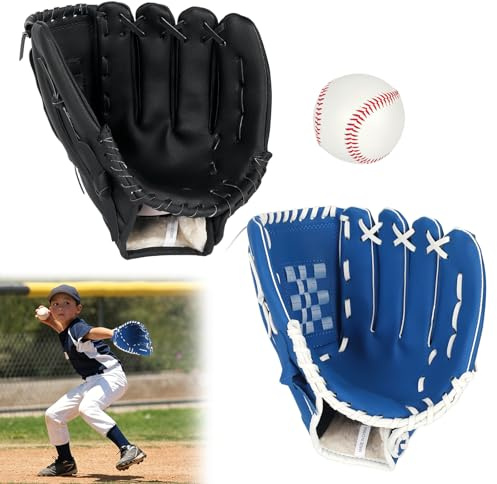 CEIEVER Baseballhandskar 30 cm för vuxna och tonåringar, softbollhandske av PU-läder, fånghandske, baseballhandske, set för nybörjare och barn, lätt och robust (blå svart)