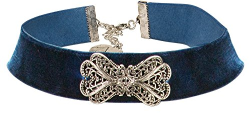 Alpenflüstern Trachten-Samt-Kropfband Ornament-Schleife - nostalgische Trachtenkette enganliegend, Kropfkette elastisch, eleganter Damen-Trachtenschmuck, Samtkropfband breit blau DHK207