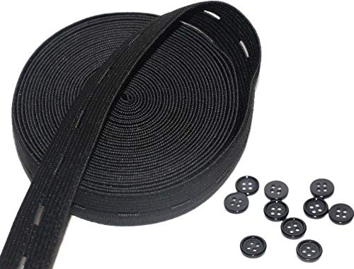 Schwarzes Knopfloch-Elastik-Set, 1,9 cm (3/4 Zoll), 4,5 m (4,5 m) mit 10 Harz-Knöpfen für Familien und Kinder