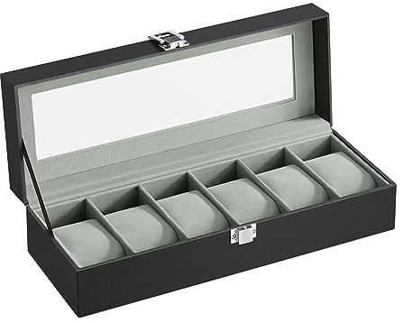 SONGMICS Porta Orologi a 6 Posti, Scatola Portaorologi, Coperchio in Vetro, Cuscini Rimovibili, Chiusura in Metallo, Idea Regalo, Superficie in PU Nera, Interno Grigio Verdastro JWB06BK