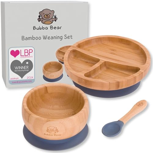 Bubba Bear Kindergeschirr-Set | Kinderteller mit Saugnapf | Geschirrset für Kleinkinder | Unterteilter Babyteller | Bambus Babygeschirr mit Löffel fürs Essen und Füttern | Baby Teller
