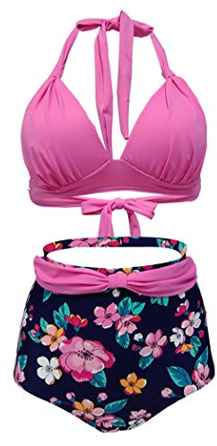 Bslingerie® 2-delat set med retro halterbikini, baddräkt med hög midja, Rosa Blommig, M