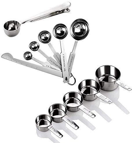 Vegena mätkopp i rostfritt stål och sked med mätlinjal, 12 stycken högkvalitativa kökskonverteringstabell set, 5 koppar mätskopor set med 5 mätskedar 1 skopop med klämma och 1 mätlinjal för bakmått