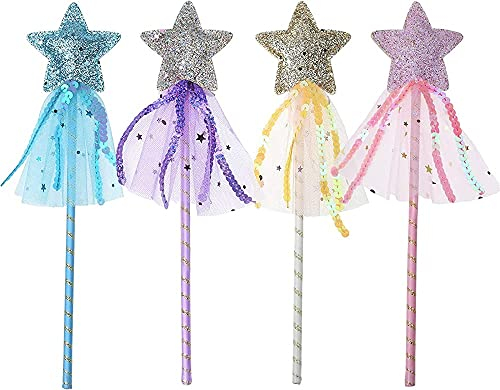 BLMHTWO 4 Stücke Zauberstab für Prinzessinnen, Fee und Engel - Stern Stäbe für Mädchen Kinder, Party Cosplay Kostüm, Geburtstag, Halloween, Weihnachten