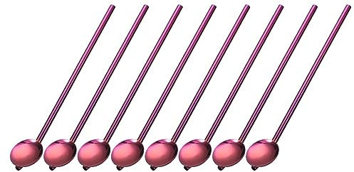 sourcing map Inox Acier Cuillère Pailles, 8pcs 7.5 Réutilisable Métal Long Poignée Paille Cuillère Rond Formé Boire Pailles pour Milkshake Boissons Cocktail, Violet