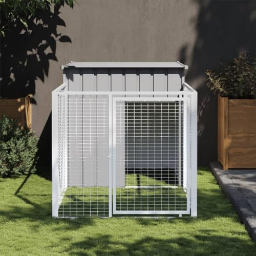 BaraSh Hundehütte mit Auslauf Hellgrau 110x201x110 cm Verzinkter Stahl HundehüTte Outdoor Winterfest