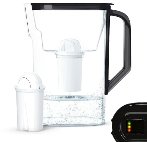 Wessper Jarra Filtradora con Contador LED de Agua 2.7L | Reemplazo para Aquaphor Standard, Brita Classic, Dafi Classic | Filtro de Agua que Reduce la Cal y el Cloro | Jarra Filtrante + Cartucho, Negro