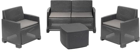 Dmora - Ensemble de Salon d'extérieur Peschici, Composition de Jardin avec 2 fauteuils, 1 canapé et 1 Table de Rangement, Effet rotin avec Coussins, 100% Made in Italy, Anthracite