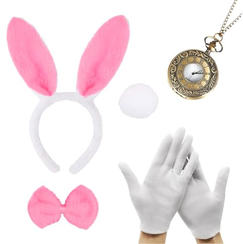 XNIVUIS Conjunto de Disfraz de Conejito Accesorios para Disfraz de Conejito Corbata con Orejas de Conejo Guantes Cola de Conejito Reloj para Día Mundial del Libro Carnaval Halloween Fiesta(Rosa)