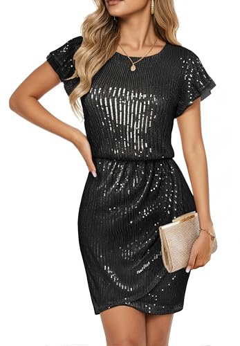 GRACE KARIN Elegant Sequined Evening Party Dress Knee Length Ruffle Cocktail Formal Black Party Dress for Woman Black 2XL