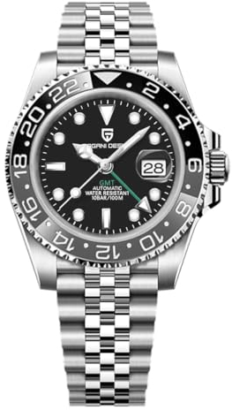 Pagani Design GMT Herren 40 mm Automatikuhr Saphirglas Edelstahl 100 Wasserbeständigkeit Analoguhr Mechanische Herrenuhren Geschenkuhr für Herren(Stahlband schwarz grau-5)