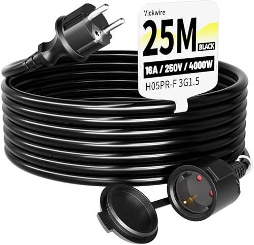 Vickwire Gummi Verlängerungskabel 25m außen Kabel Kabelverlängerungen mit Schutzkontakt Stecker Schuko Verlängerung 16A/250V, Schwarz, H05RR-F 3G1,5 mm²