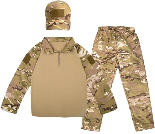 QIYUANT Kinder T-Shirt Militärhose Sets Taktisch Airsoft Militär Camouflage Frühling Sommer Herbst Lange Ärmel Kampf Jagd Wandern Camping Outdoor (CP/T-Shirt + Hose + Schirmmütze, 140)