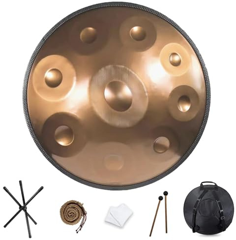 SQSXCKIQ Handpan-Trommel, 22 Zoll, Schlaginstrument, Stahl-Handtrommel mit weicher Handhose, 2 Handpan-Schlägeln, Handpan-Ständer, Fusseltuch – 9Notes