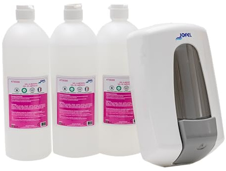 Jofel - AT30370 Seifenspender Aitana weiß + 3 Liter Mandelgelseife, nachfüllbar mit 0,9 Liter Fassungsvermögen, korrosionsbeständiges und auslaufsicheres Ventil, ABS-Gehäuse