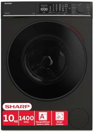 Sharp Waschmaschine ES-WNFL014CMDA-DE – 10 kg – 1400 U/min – Energieklasse A – Inverter Motor – WiFi – AquaStop – Dampf – Touch Display – Mattschwarz – Frontlader
