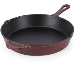 Salter Chester Cast Iron Frying Pan - 26cm Universal Skillet, Oven Suitable to 240 °C, Grill, Fry & Sear, Hob to Oven to Table Cooking Pot, Induction Suitable, Enamel Coating, PFAS Free, Red