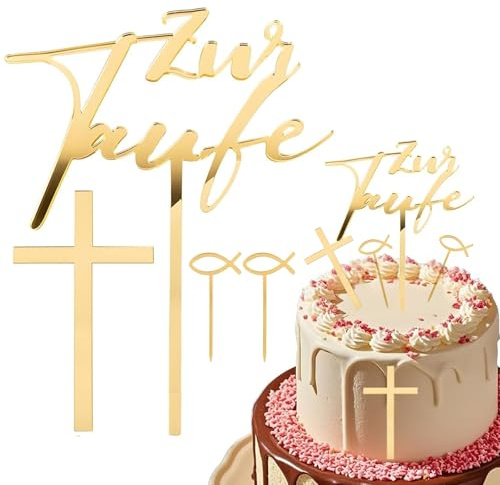 Taufe Cake Topper Kreuz Zur Taufe Tortendeo Acryl Gold Kuchen Topper Fisch Kommunion Cupcake Topper Tauf deko Mädchen Junge Gender Reveal Kuchenaufsatz Tortenstecker Babyshower Kuchen Dekoration