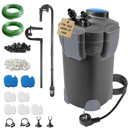 EXLECO Filtro Esterno Acquario 1000L/H 18W Pompa Filtro Acquari Regolabile, Filtrazione a 3 Stadi Filtri Acquario Esterni con Materiale Filtrante e Tubo Aria per Acquari Fino a 300 Litri Nero