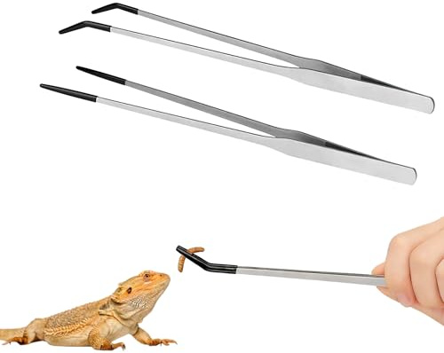 2 Pcs Reptile Feeding Tongs, Stainless Steel Long Tweezers Set with Rubber Tips, Fish Tweezers, Straight & Curved Aquarium/Terrarium Tools for Lizards, Snakes, Fish & Plant Handling