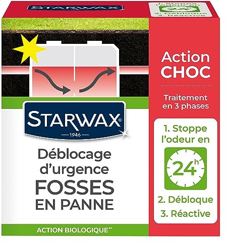 STARWAX - Déblocage d'urgence pour fosses septiques - Action Choc - Action biologique - stoppe l'odeur en 24H - Relance l'activité - 600g