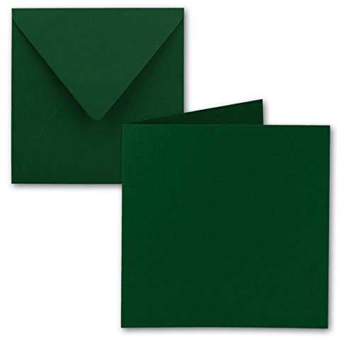 Set di 25 biglietti pieghevoli quadrati, 15 x 15 cm, con buste, verde scuro, incollaggio a umido, per biglietti di auguri, inviti e altro